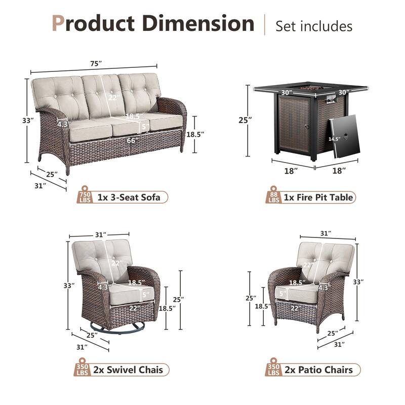 Pocassy Outdoor 30 In Fire Table with Sofa Patio Swivel Chair Set