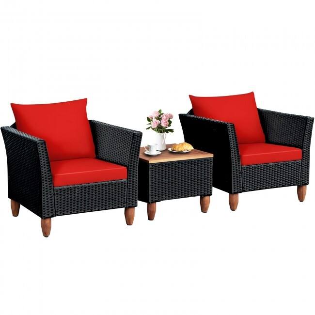 3 Pcs Outdoor Patio Rattan Furniture Set Wooden Table Top Cushioned Sofa - 29" x 27" x 28" (L x W x H)