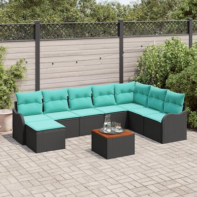 vidaXL 9 Garden Sofa Set with Cushions Black Poly Rattan - 113.2 x 69.9 x 27.2