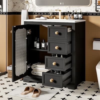 30'' Bathroom Vanity with Ceramic Sink Combo, Bathroom Storage Cabinet w/ 1 Soft Close Glass Door, 3 Drawers & Adjustable Shelf