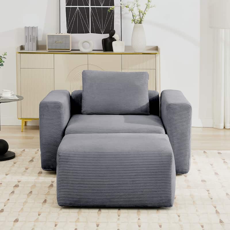 Corduroy Sectional Modular Sofa with Square Arms & Ottoman Extension for Flexible Arrangements