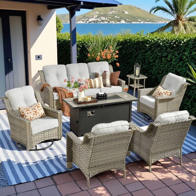 HOOOWOOO 7-piece Wicker Rattan Outdoor High Back Conversation Set with 54" Fire Pit - Grey