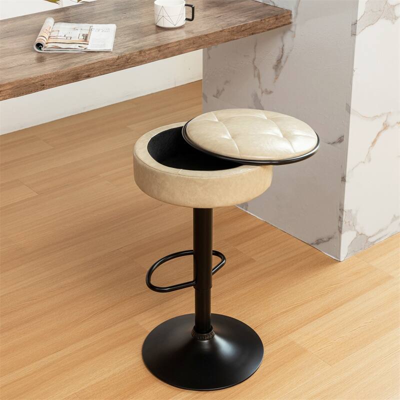 Round Storage Bar Stool Set of 2,Height Adjustable with Metal Frame
