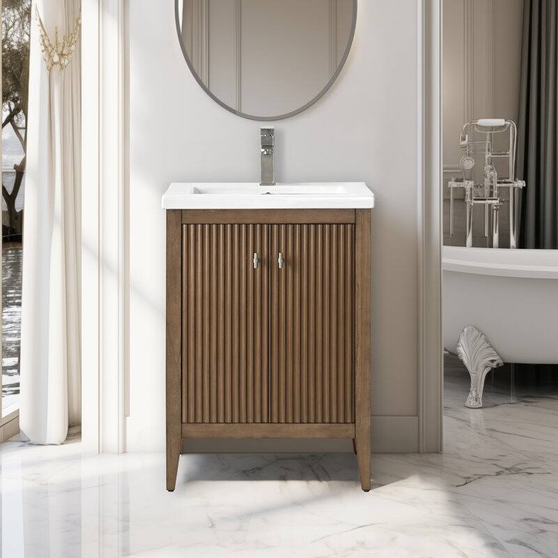 Vanity Art 24" Single Sink Bathroom Vanity Cabinet with Ceramic Top - 24"/Brushed Nickel Handle - Linear Walnut