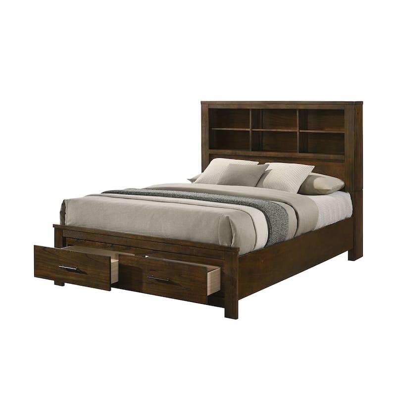 Wooden Bed with Storage Headboard in Oak Finish