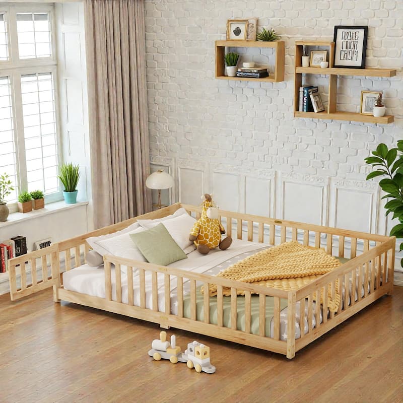 Queen Floor Bed with Fence and Door, Solid Rubber Wood Montessori Floor Bed with Safety Guardrails