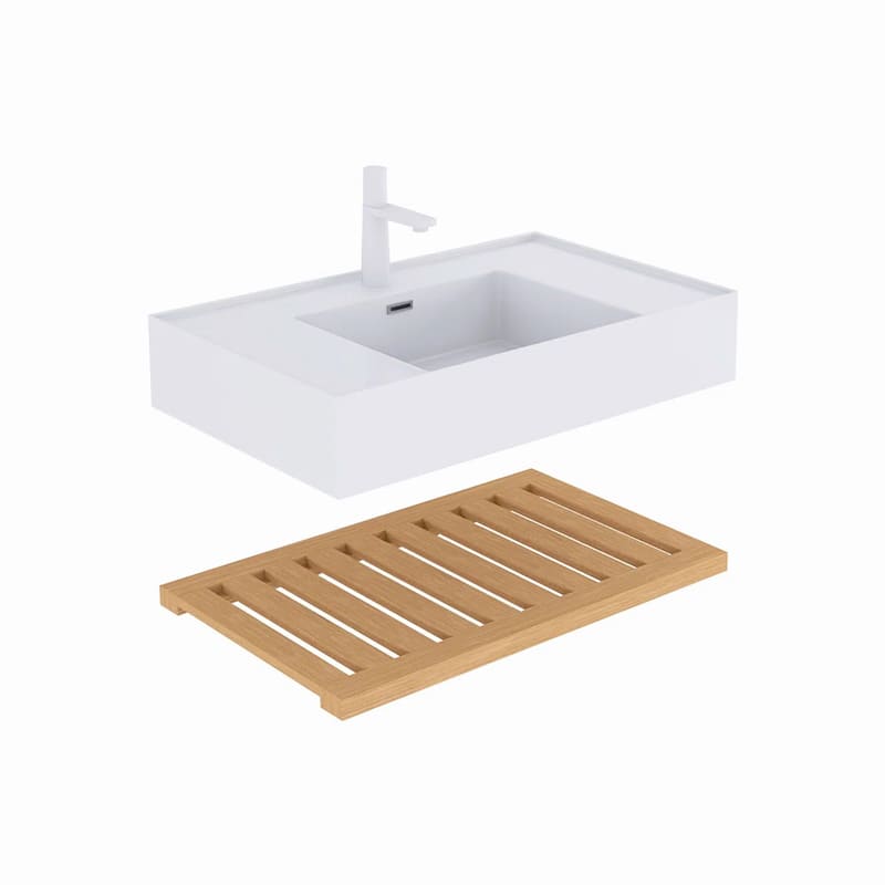 Wall-Mounted Bathroom Vanity in Natural Wood with White Integrated Acrylic Sink