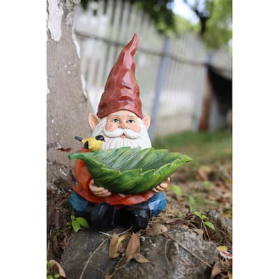 Gnome with Leaf Outdoor Patio Bird Bath - 13.75"