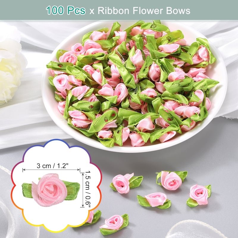 100 Pcs Mini Ribbon Roses Flowers Bows for Crafts, 15mm/0.6" Dia - Pink
