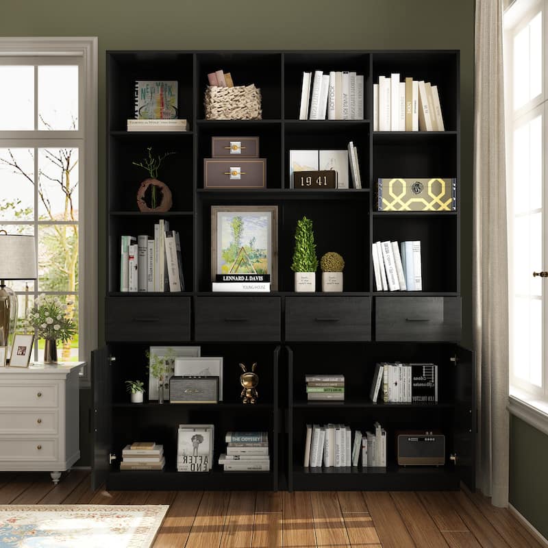 Bookshelf Bookcase with 4 Doors,4 Drawers & Storage Shelve,Black - 78.7"H