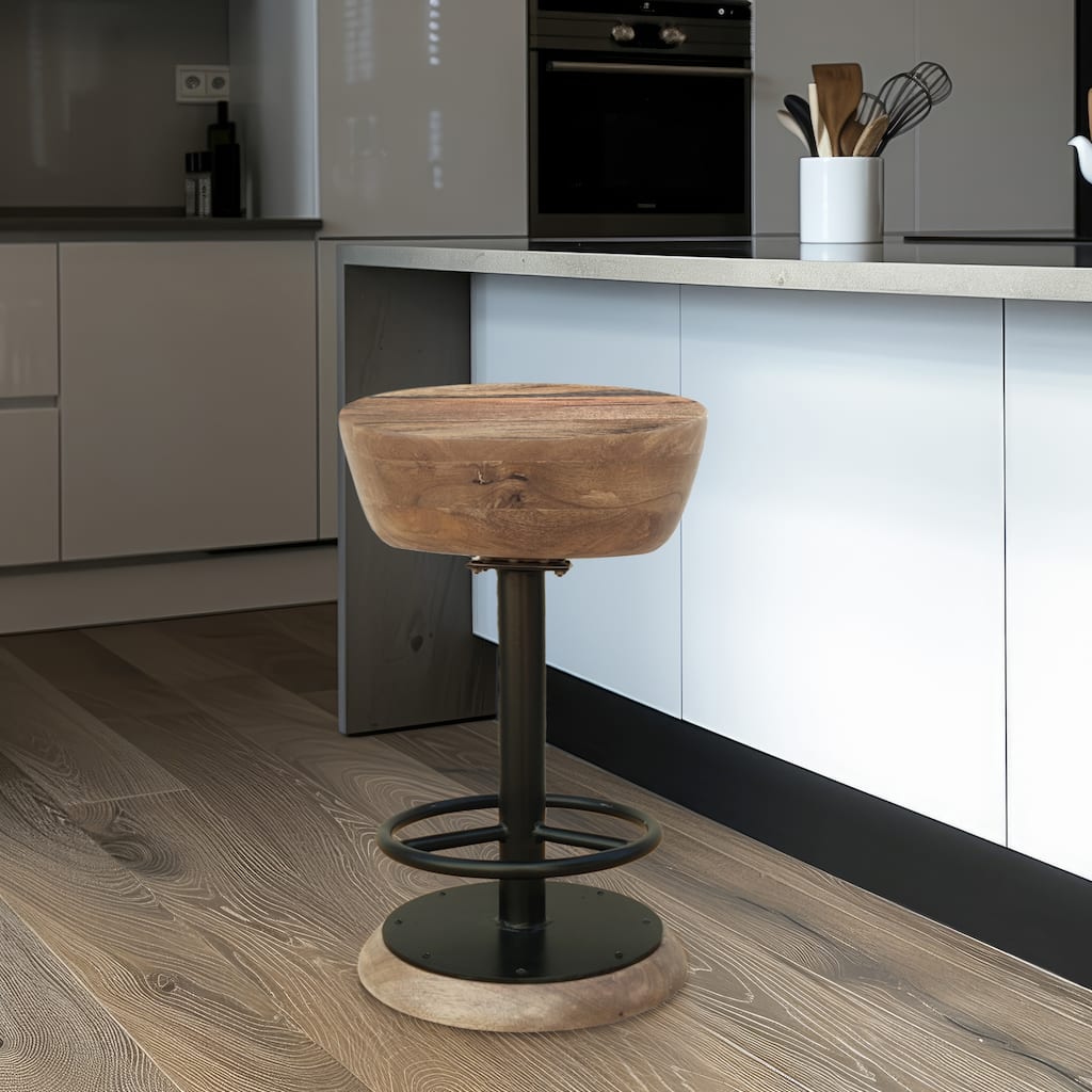 Rustic Charm Swivel Counter Bar Stool 24 Inch Handcrafted, Brown Mango Wood Round Seat, Black Iron Base with Footrest