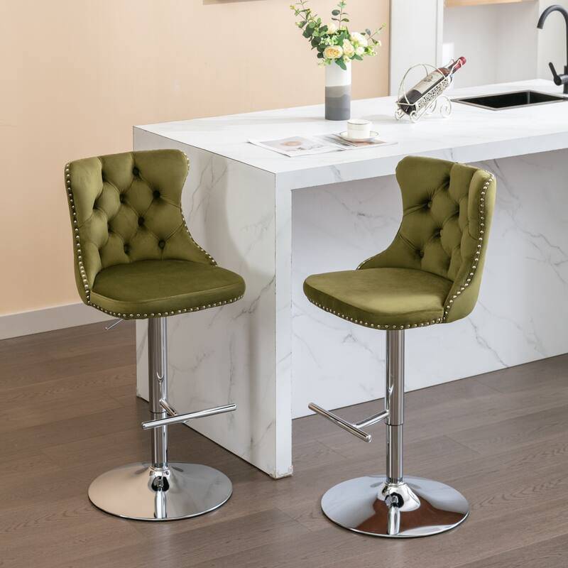 Velvet Swivel Bar Stools Set of 2, Kitchen Island Chairs with Adjusatble Height, Upholstered Bar Stools with Tufted Back