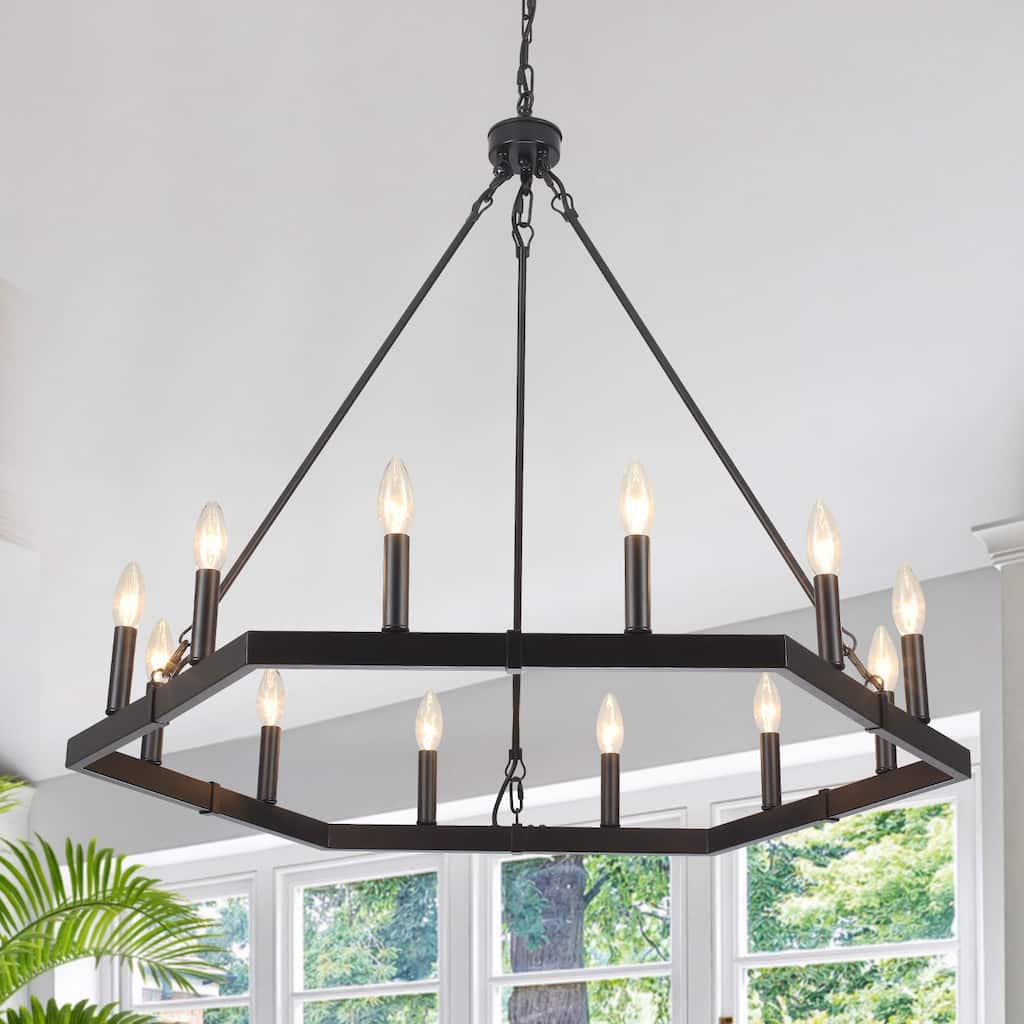 Modern Farmhouse 12-Light Hexagonal Design Wagon Wheel Chandelier for Dining Room Living Room Bedroom Kitchen - W35.43"x H27.83"