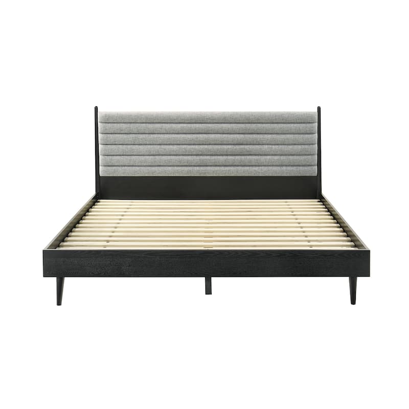 Artemio Black or Walnut Wood King Platform Bedframe with Grey Upholstered Headboard