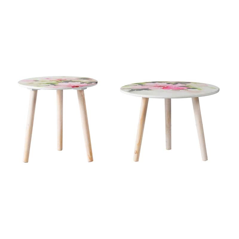 GDFStudio - S/2 Nature-Inspired Side Tables with Painted Cherry Blossom Tops - 21.7"