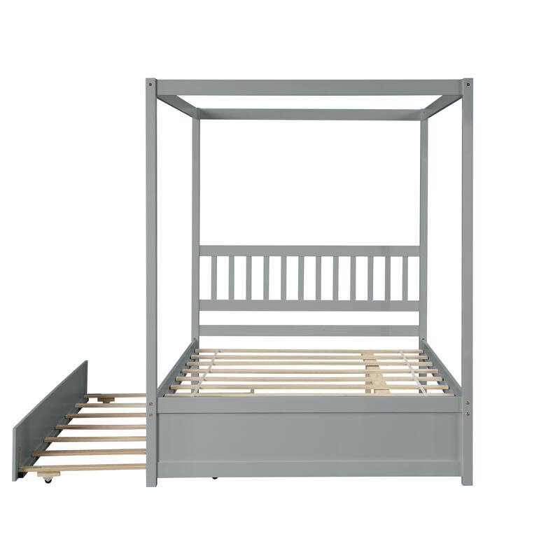 Full Size Wooden Canopy Bed Frame with Trundle Bed, Solid Wood Platform Bed Frame for Kids Teens Adults, No Box Spring Needed