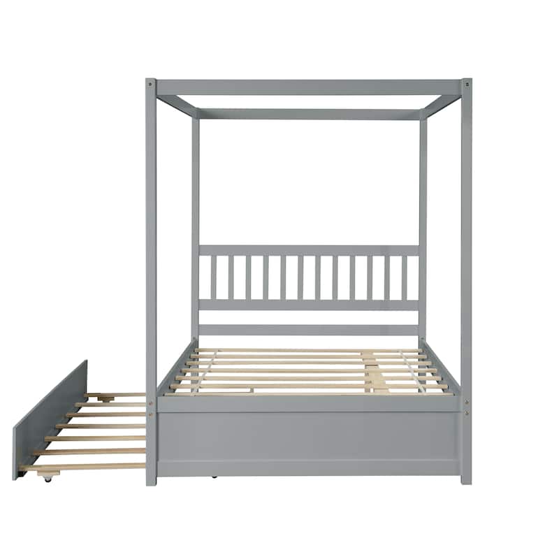 Kids Solid Wood Canopy Platform Bed with Trundle and Headboard