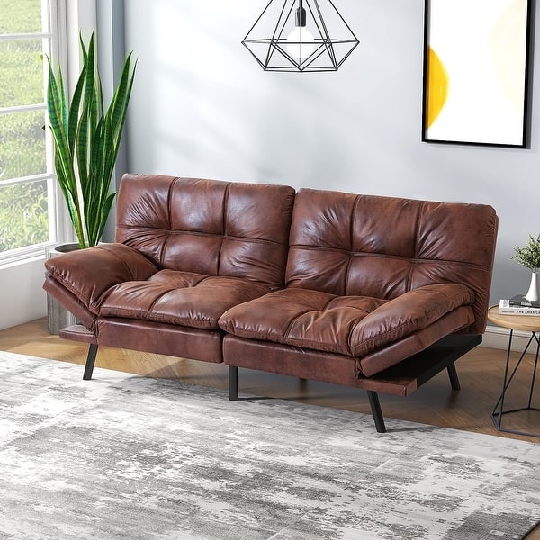 Futon Sofa Bed, Modern Convertible Sleeper Couch with Adjustable Armrests for Studio, Office, Apartment, Compact Living Room - Leather Brown
