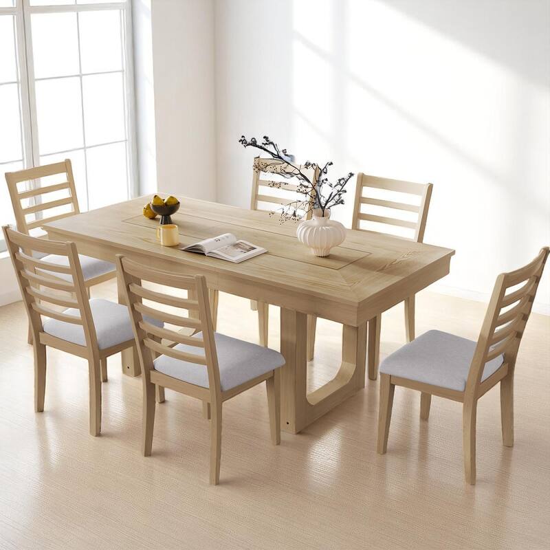 Rustic 7 Piece Dining Set with Expandable Table and 6 Upholstered Chairs, Extendable Farmhouse Table to 78" - Natural