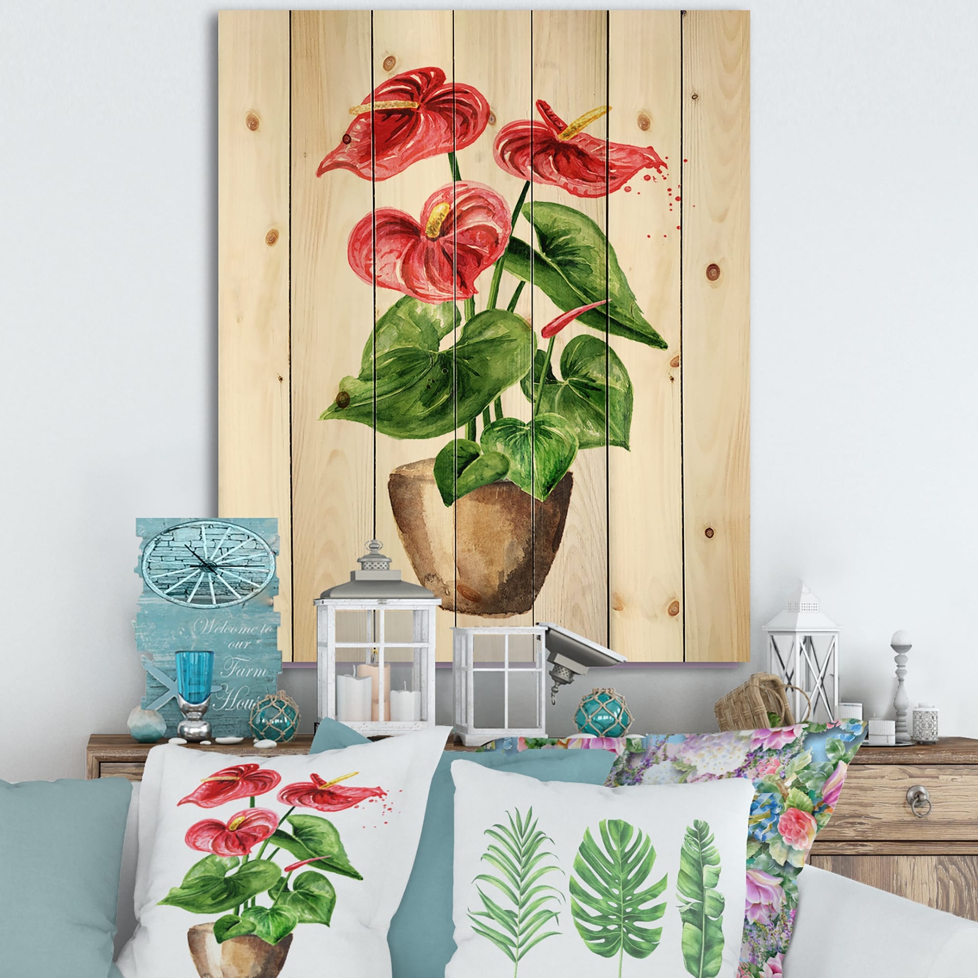 Designart 'Anthurium Tailflower Or Flamingo Flower In The Pot' Traditional  Print on Natural Pine Wood - Bed Bath & Beyond - 33595745