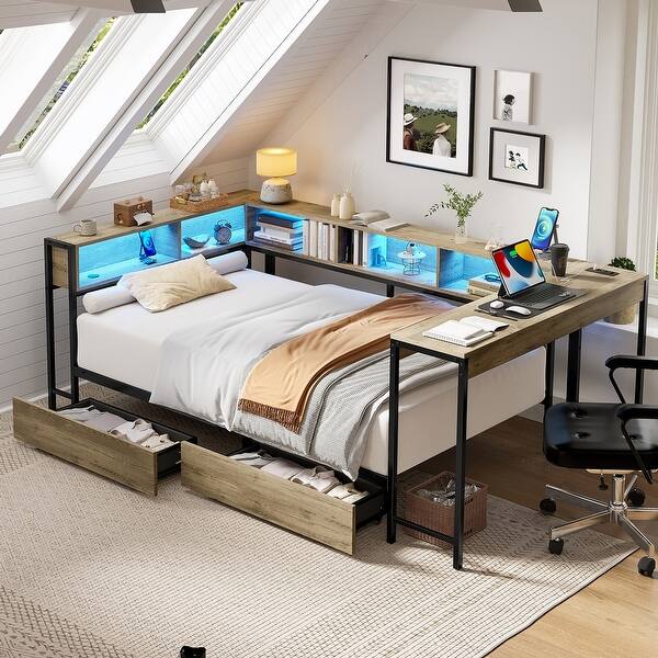 Corner Bed Frame with Bookcase and 2 Underbed Storage Drawers - Grey ...