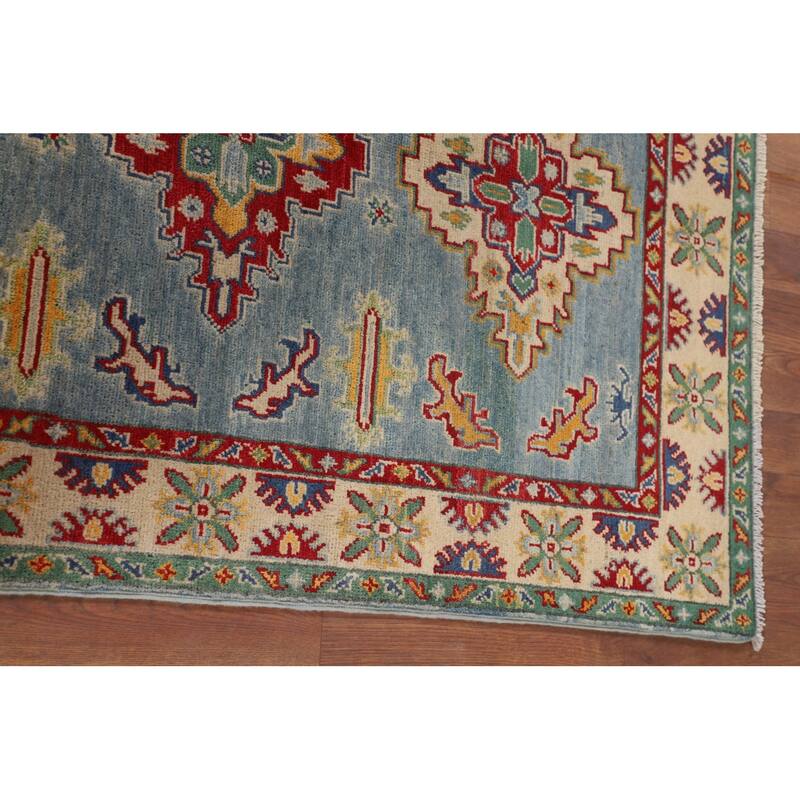 Light Blue Geometric Kazak Accent Rug Handmade Wool Carpet - 3'4" x 4'9"