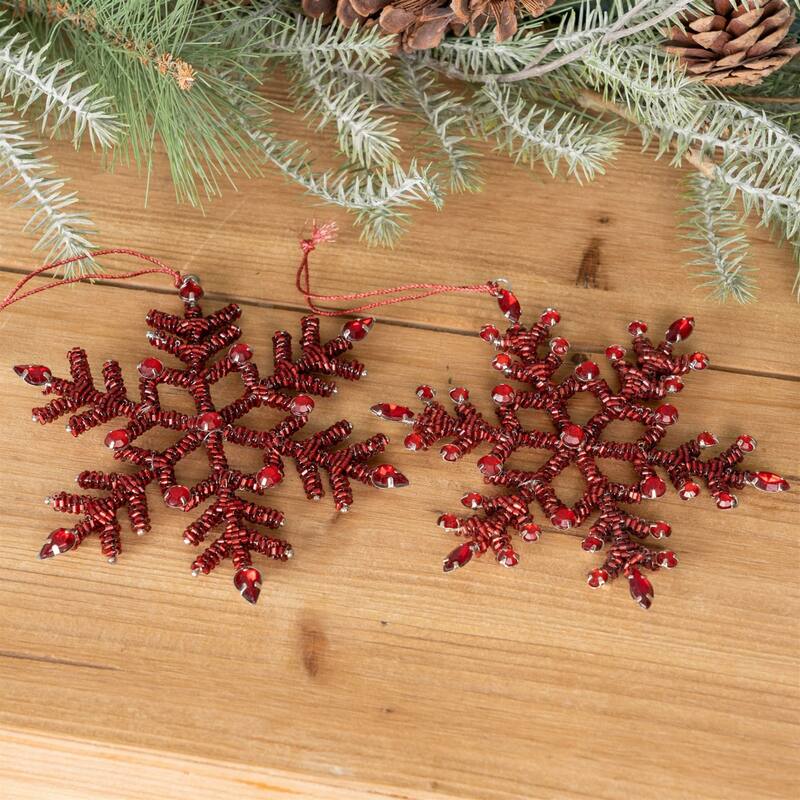 Beaded and Jeweled Snowflake Christmas Ornaments - 5.5" - Red - Set of 12