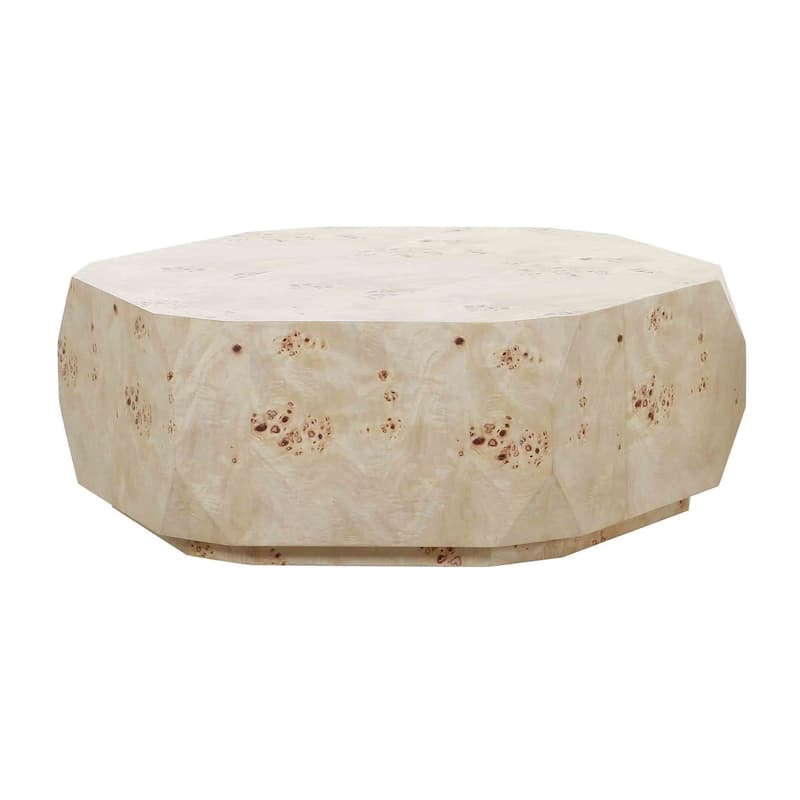 Cid Hy 45 Inch Coffee Table, Irregular Burl Wood Veneer Drum, Natural Brown