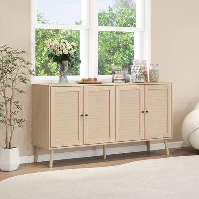 Boho Buffet Cabinet Sideboard, Cross Weave Accent Storage Cabinet with Adjustable Shelf & Pine Wood Feet for Living Room Hallway