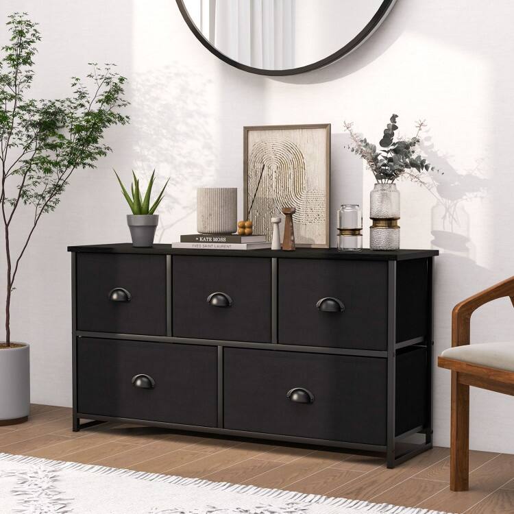 5 Drawer Fabric Storage Organizer with Steel Frame and MDF Top Modern Dresser Cabinet for Bedroom Closet or Entryway
