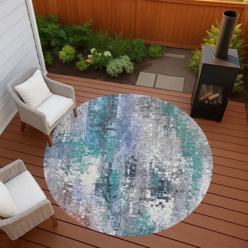Machine Washable Indoor/ Outdoor Abstract Pixels Chantille Rug - Teal - 8' x 8'