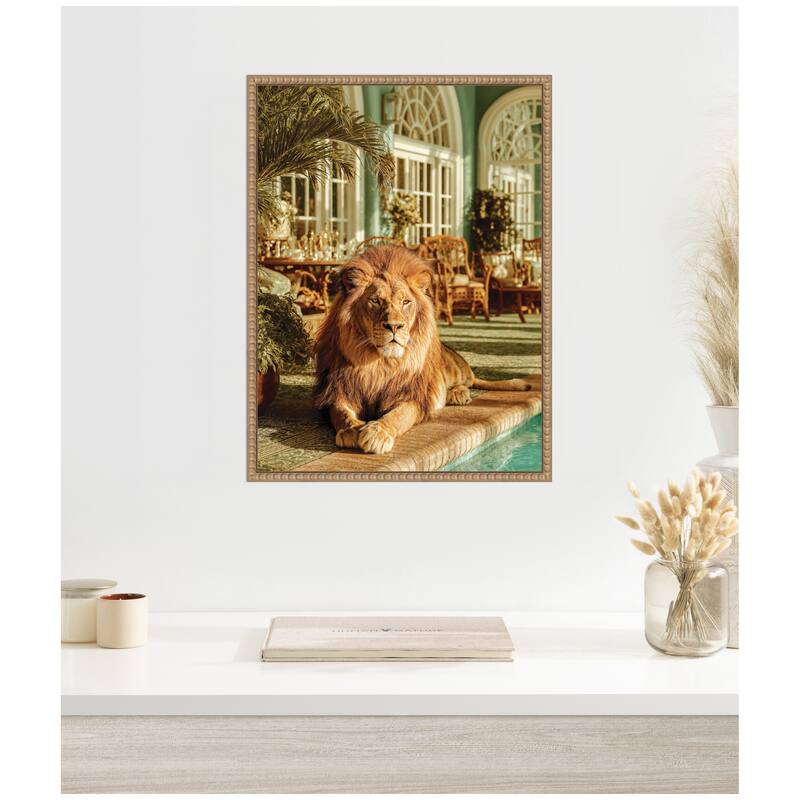 Kate and Laurel Majestic Lion by the Pool by Michael Schauer Framed Canvas Wall Art Print