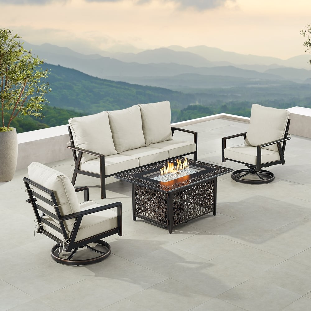 Black Aluminum Fire Table Set with Sofa and Two Club Chairs