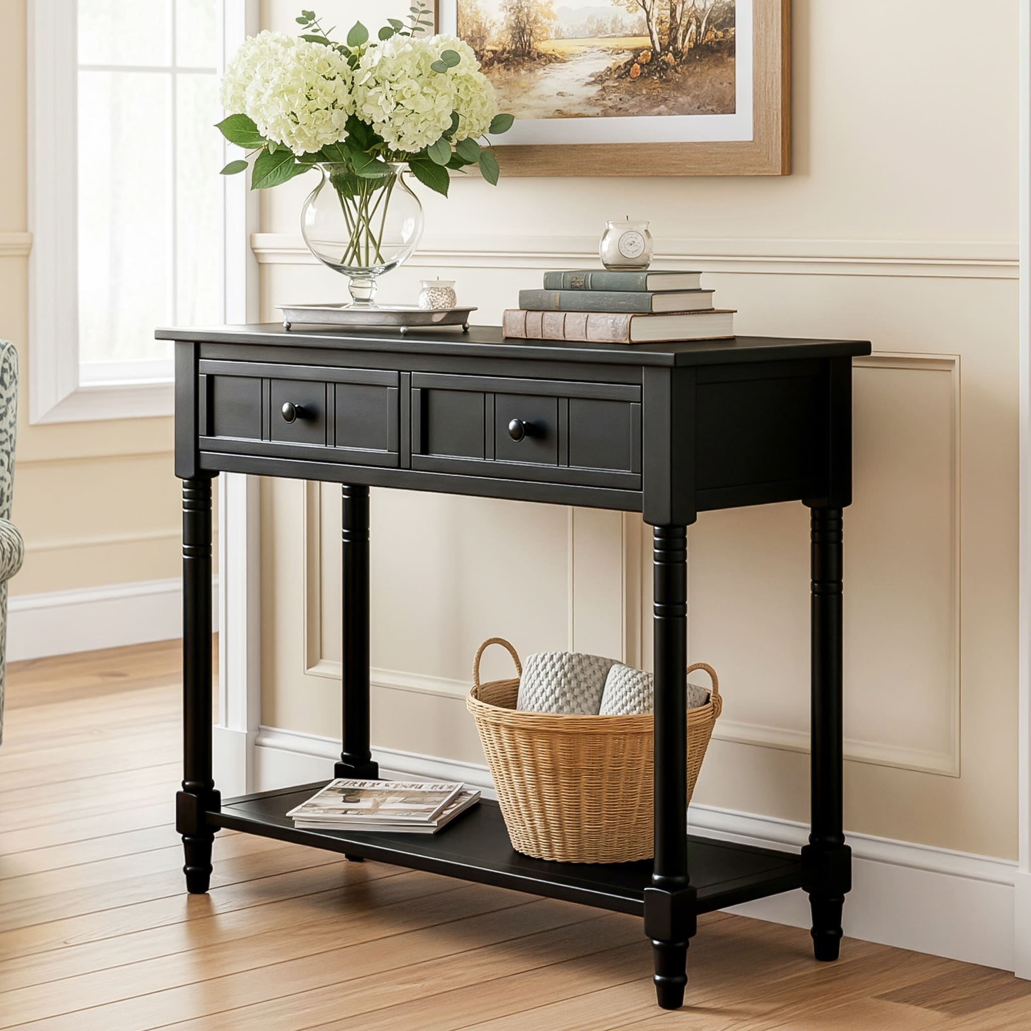 Console Table with Two Drawers and Bottom Shelf for Living Room