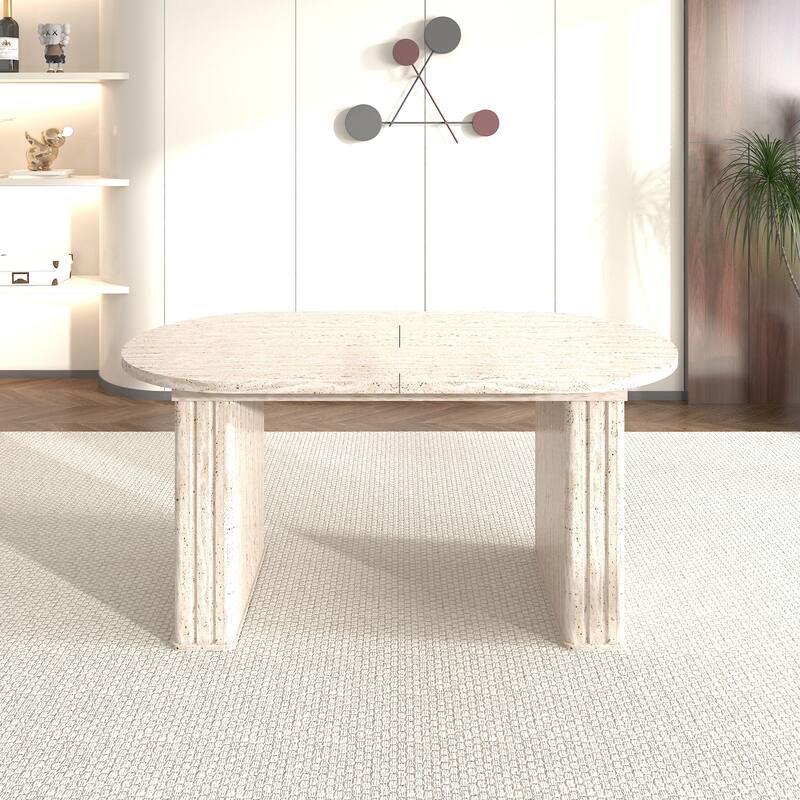 Kitchen extendable dining table for 4-8 people, oval kitchen table with wooden strip base for family living room - Beige