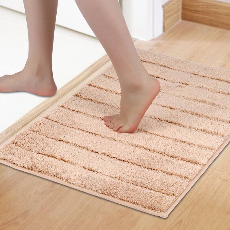 Soft Stripe Bathroom Rug, Rubber Backing Quick Dry Microfiber Rugs Non Slip Absorbent Mat for Shower Floor, Bath Decor - Khaki