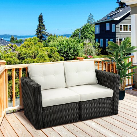 Outsunny 2 Pieces Patio Wicker Corner Sofa Set, Outdoor Freely Combination PE Rattan Furniture, Beige