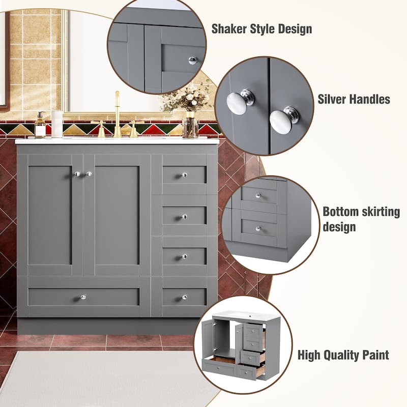 Bathroom Vanity with Ceramic Sink, Free-Standing Wooden Bathroom Cabinet, Storage Cabinet with 4 Drawers & 2 Soft Closing Doors