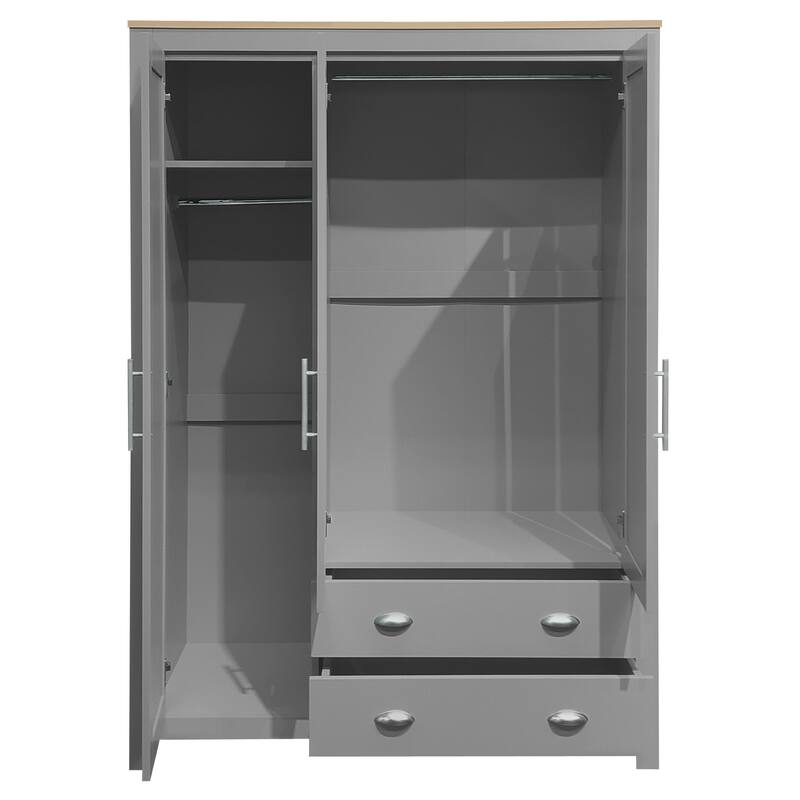 Three Door Storage Wardrobe with Cabinets and Two Hanging Rods