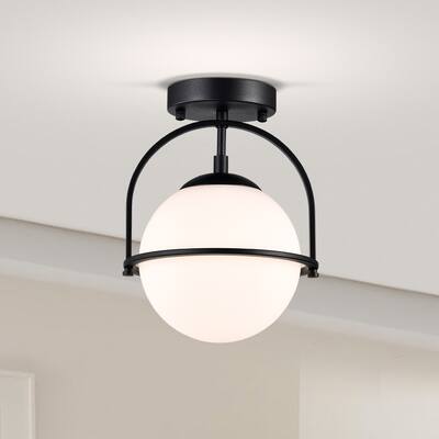 Mid Century Orb Flush Mount Ceiling Light Opal Glass Black Chandelier