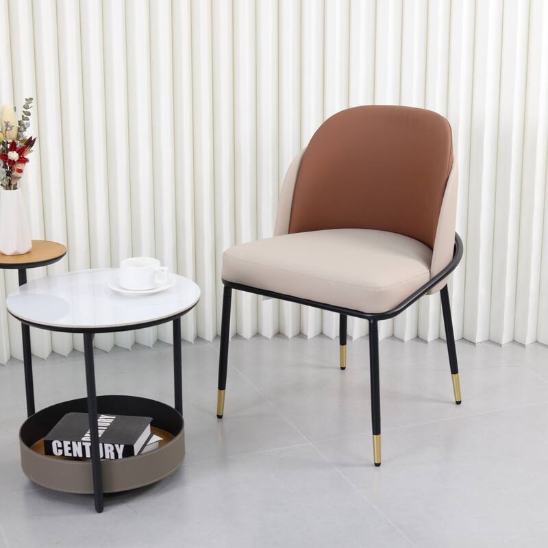 Set of 2 Kitchen Leather Two Toned Leisure Upholstered Seat Dining Room Chairs with Metal Legs