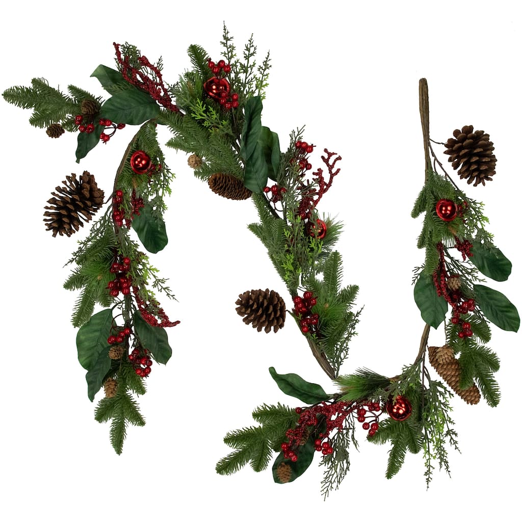 6' Green Red Pinecones Berries Artificial Christmas Garl- Unlit