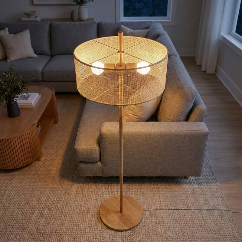 Layla Natural Wood Floor Lamp with Linen Drum Shade - Walnut