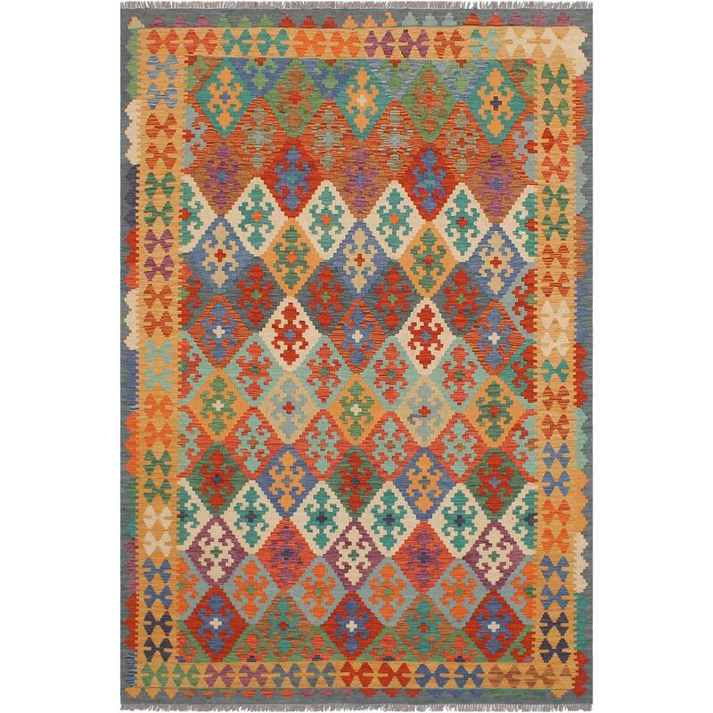 Southwestern Turkish Kilim Clemenci Rust Gold Hand-Woven Wool Rug - 5'8'' x 7'10''