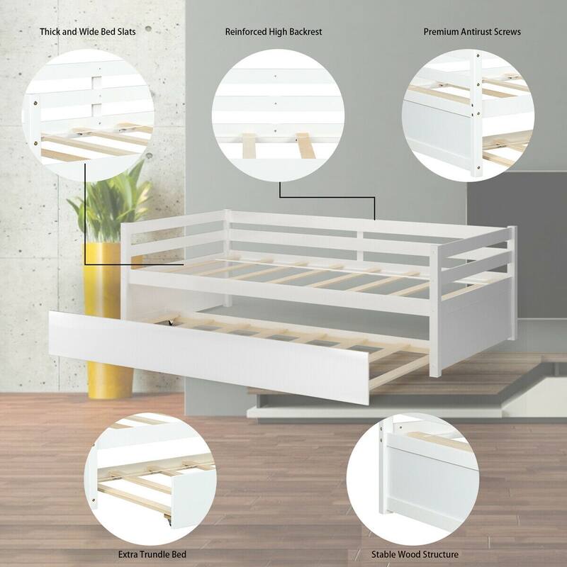 Costway Twin Size Trundle Daybed Wooden Slat Support Mattress Platform