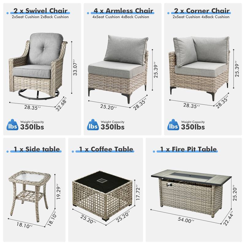 OVIOS 11-Piece Outdoor Wicker Swivel Chair Set With Solar-Powered Coffee Table&Fire Pit