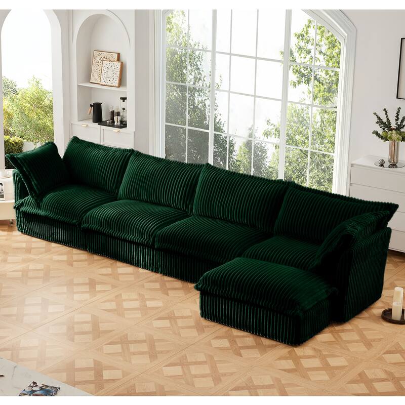 Slipcovered 4-Seater L-Shape Corduroy Sectional Sofa Couch with Armrests & 2 Big Pillows