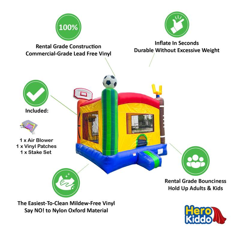 HeroKiddo 13' x 13' Sports Commercial Grade Inflatable Bounce House for Kids & Adults with Air Blower, LightWeight, Outdoor Fun