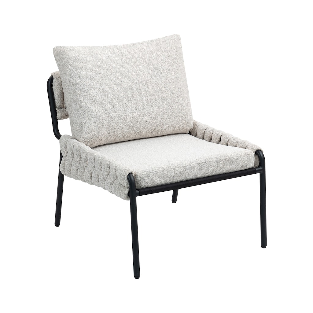 Beige Fabric Metal Lounge Chair with Cushioned Seat and Braided Arms - 26.77" D x 25.20" W x 33.07" H