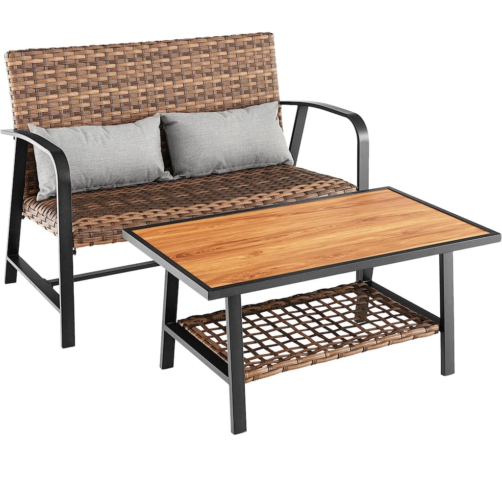 Gymax Set of 2 Rattan Loveseat Coffee Table Set w/ Padded Back Seat